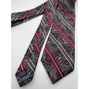 Pronto Uomo Couture Mens Silk Tie Red Grey Paisley Striped Handmade Necktie